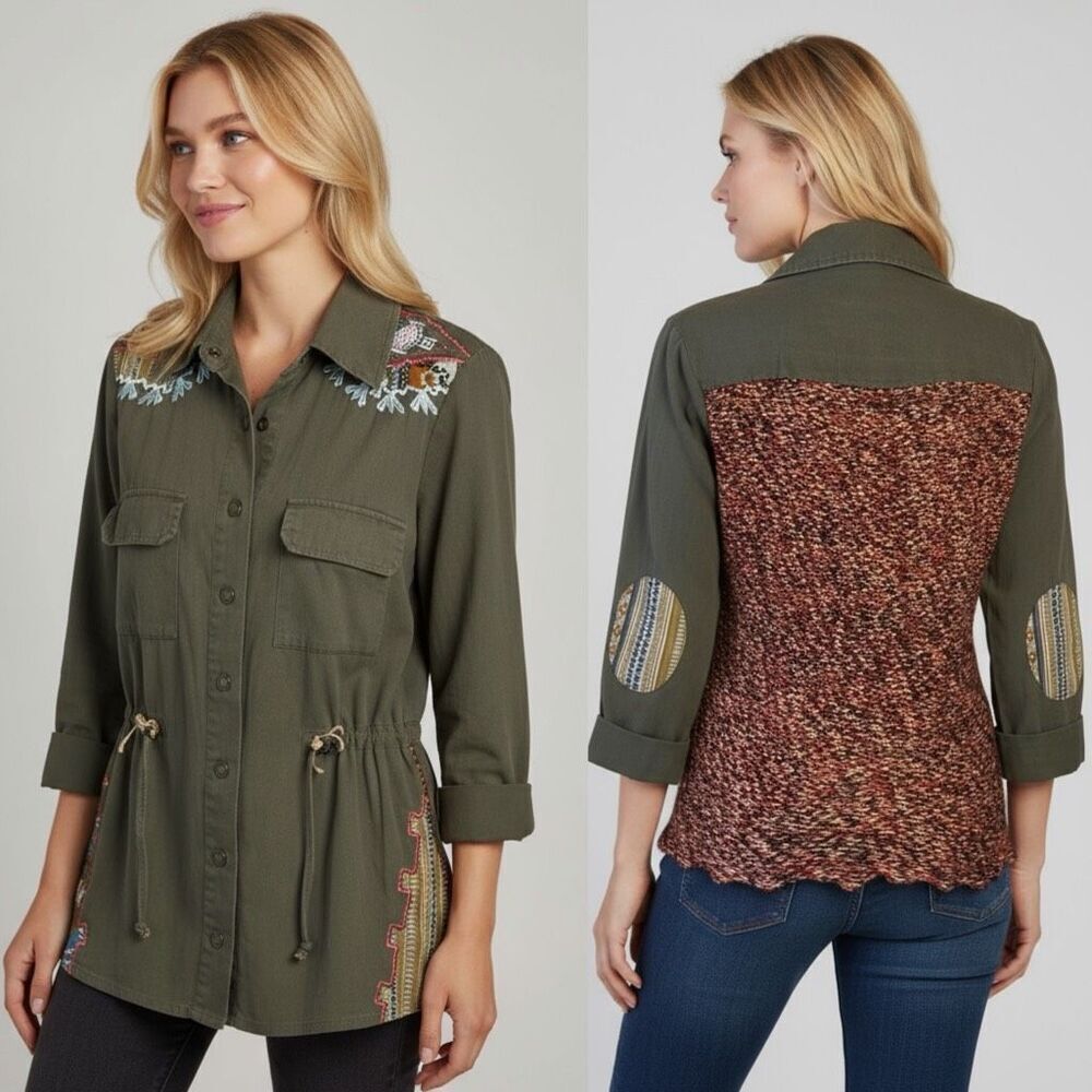 Gimmicks Boho‎ Utility Jacket Olive Green Embroidered detail Sweater Back Small